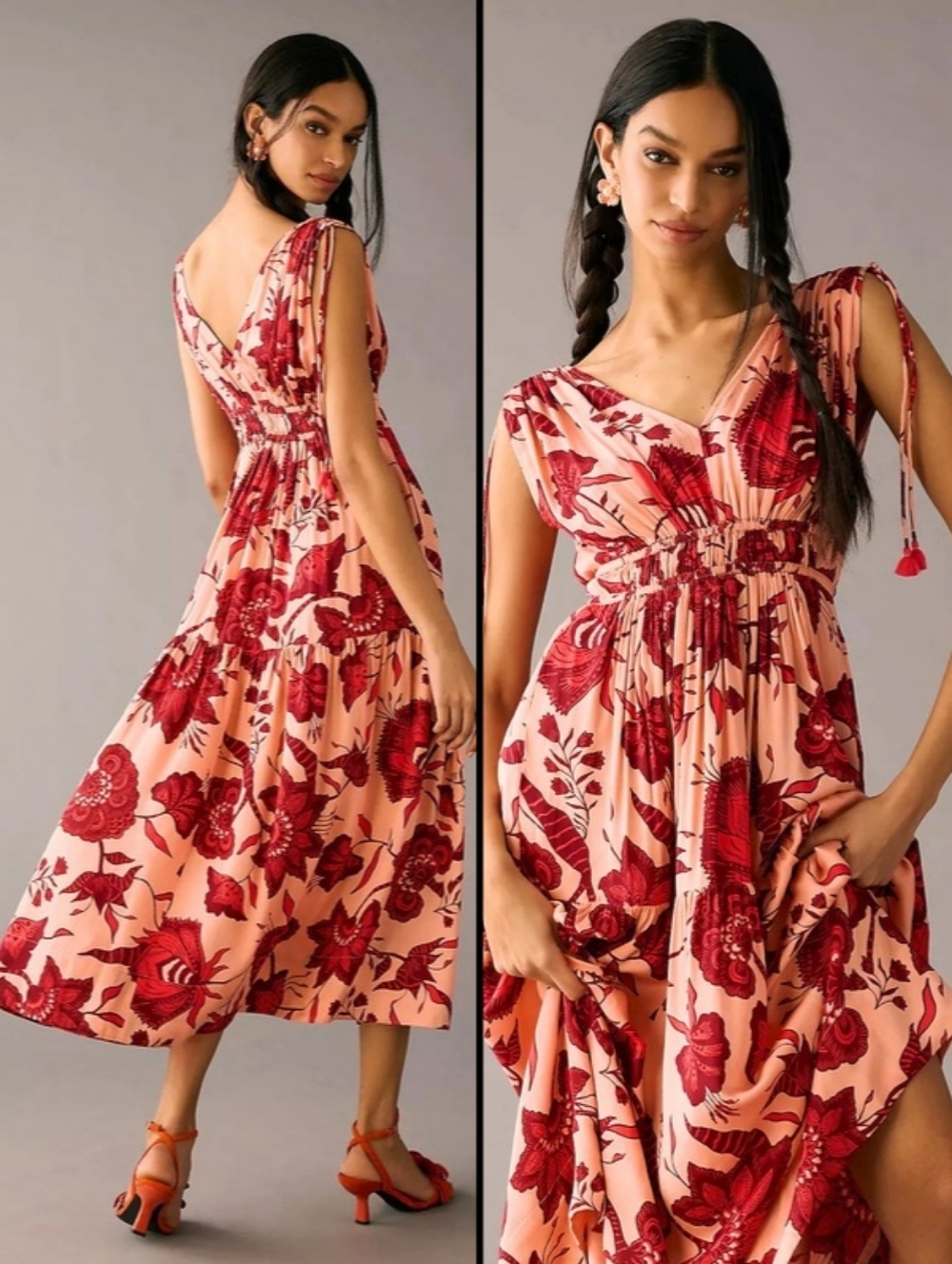 Anthropologie Omika Rosalita V-Neck Tiered Midi Dress Floral Red/Peach S Petite